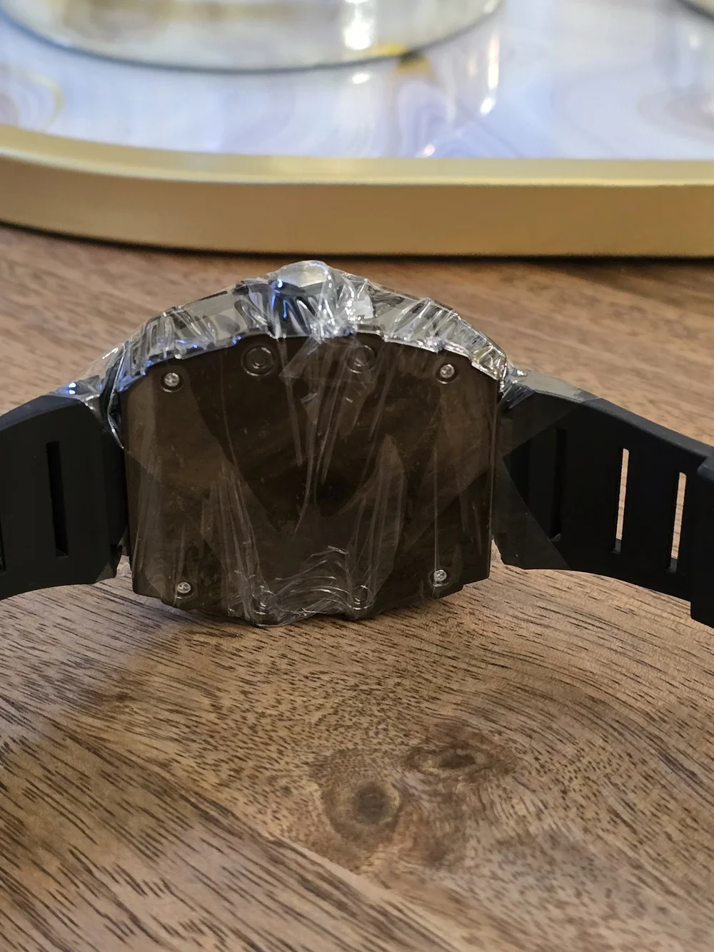 Men's Black Skeleton Dial Sport Watch with Rubber Strap